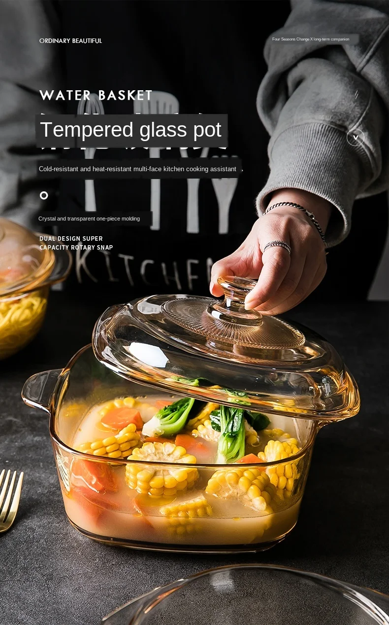 

Material thickened solid heat-resistant tempered glass pot with lid suitable for cold and hot transparent kitchen household