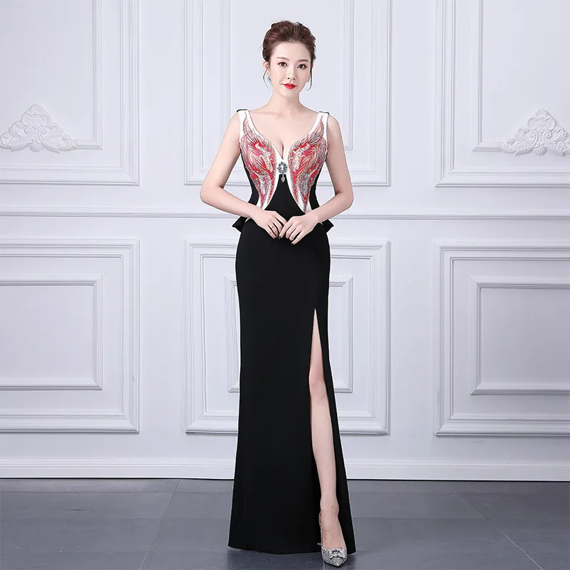 

Office Lady Black Elegant Formal Party Dress Exquisite Appliques Trim Banquet Gown Sexy V-Neck Backless Mermaid Dresses