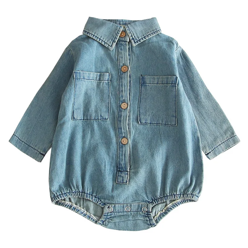 

2020 baby fall denim romper boys and girls lapel long sleeve retro jumpsuit