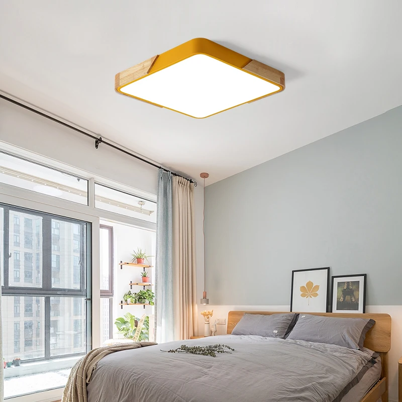 Nordic Square Oak Alloy Led Chandelier Lighting Living Room App Dimmable Led Ceiling Chandelier Lamp Bedroom Led Lights Fixtures