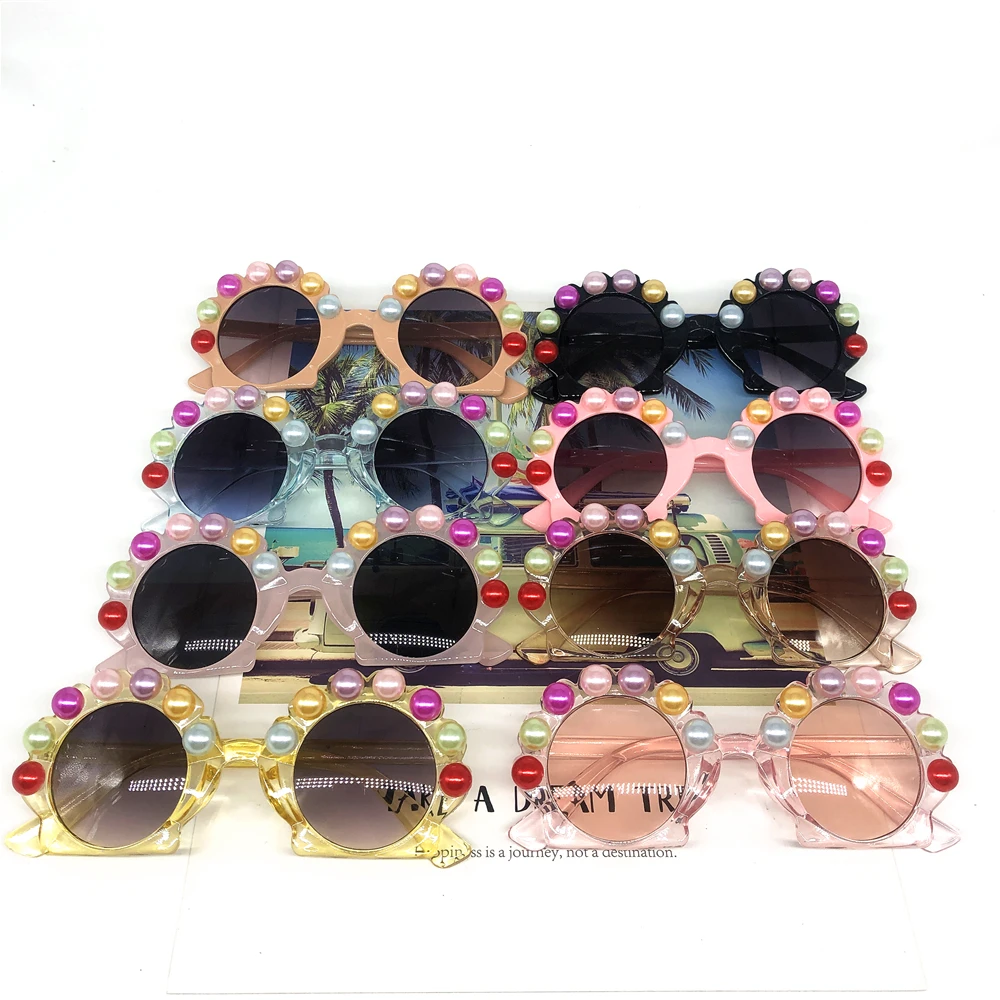 

Round Rainbow Pearl Baby Sunglasses Luxury Flower Design Kids Eyewear Unique Handmade Children Sun Glasses Summer Gafas