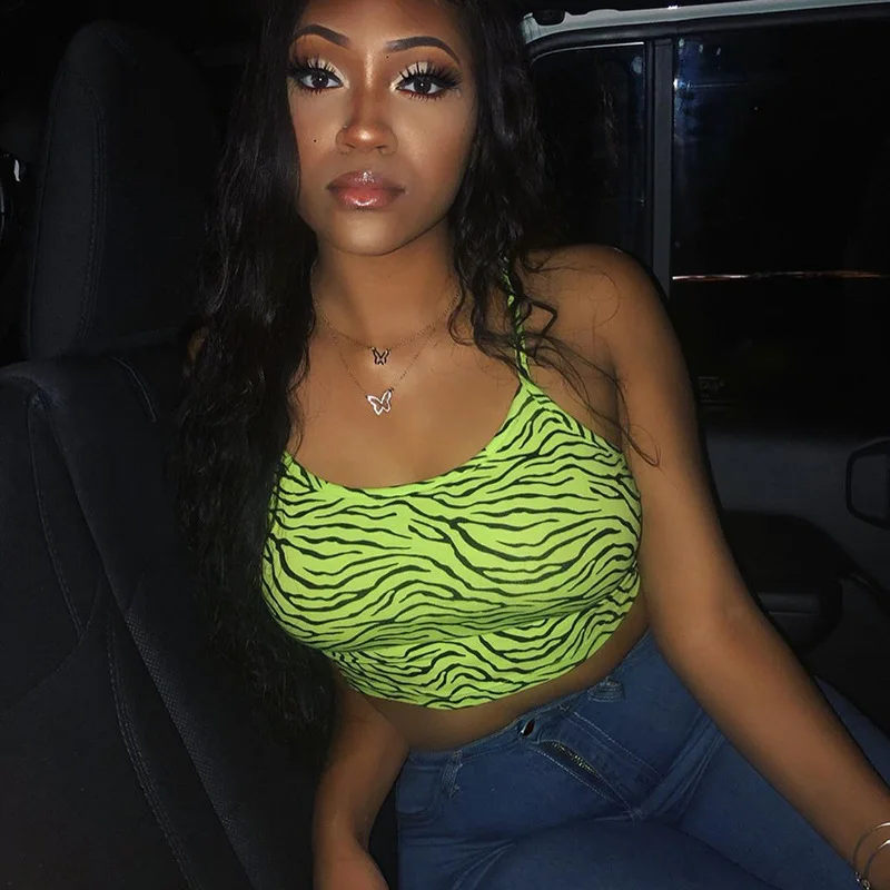 

STYLISH LADY Neon Green Zebra Printed Crop Tops 2020 Summer Women Spaghetti Strap O Neck Club Party Sporty Camis Tops Tees