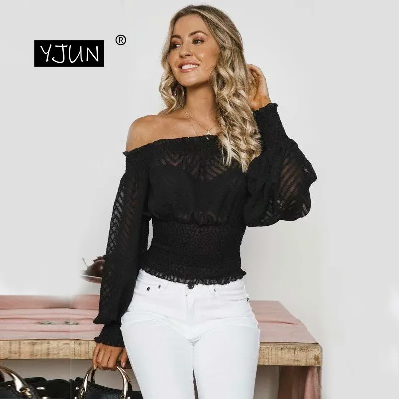 Женская Черная прозрачная блузка с длинным рукавом шифоновая в полоску