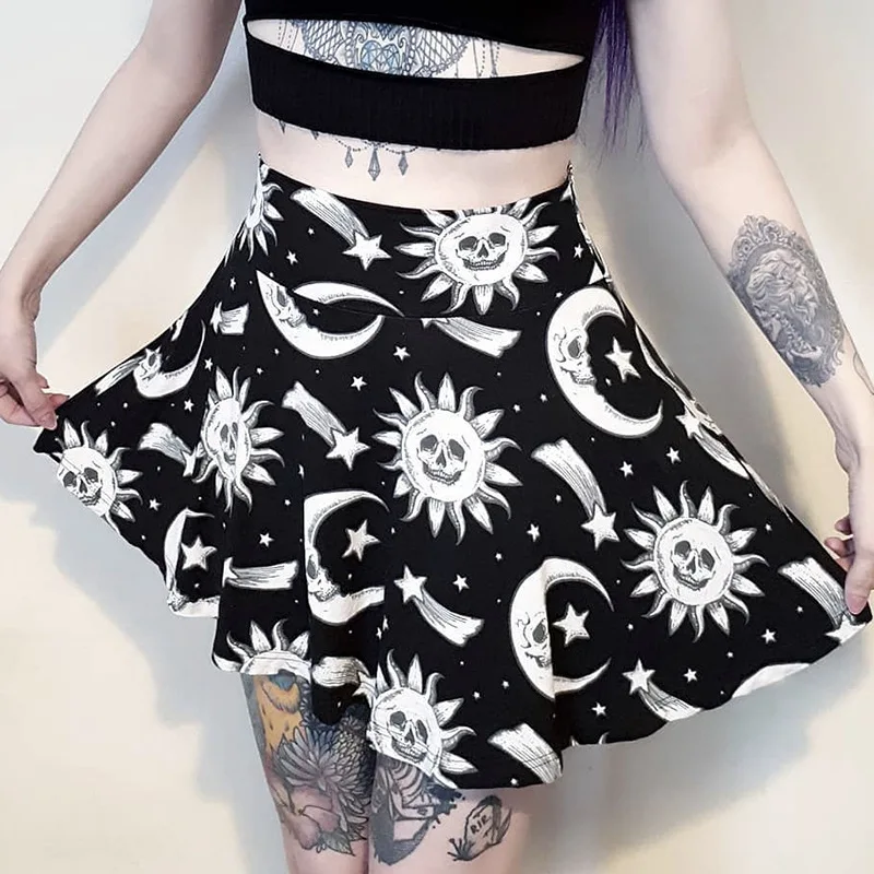 Мини юбки в стиле стимпанк черная женская готическая юбка с символикой Луны и