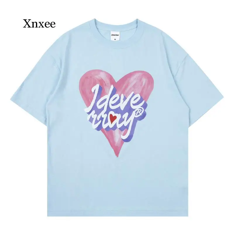 

2021 Unisex Summer Men Short Sleeve t Shirts Hip Hop Heart Letter Print Streetwear Harajuku Casual Women Cotton Loose Top Tees