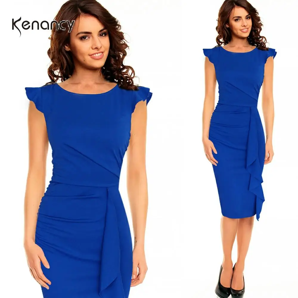 Женское платье карандаш Kenancy однотонное облегающее футляр до колена с оборками и