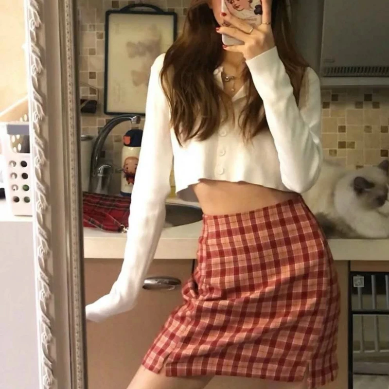 Женские комплекты Топ с длинным рукавом и клетчатая юбка на молнии Боковым