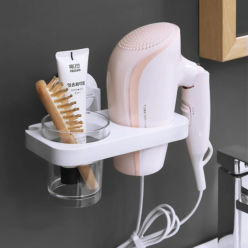 Hair Dryer Holder Bathroom Wall Mounted Nail Free Storage Rack Hair Dryer Organizer Travel Bracket Toothbrush Cup Holder