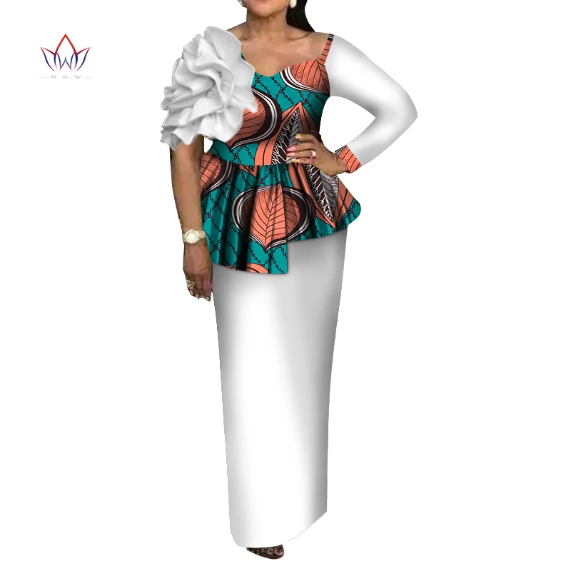 Africa Style Women African Clothing FlowersTop And Skirt Set Bazin Riche New Africa Dashiki Plus Size African Clothing WY3550