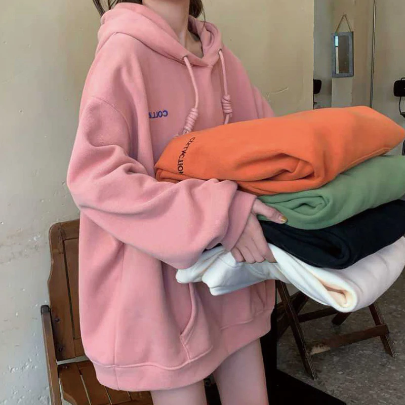 

QRWR2021 Autumn Winter Women Sweatshirt Fashion Korean Loose Letter Embroidery Hoodie Casual Solid Color Hooded Sweatshirt Women