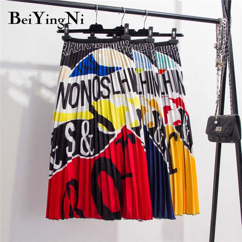 Beiyingni Cartoon Printed Skirt Women Summer Autumn High Street Pleated Midi Skirts Funny Casual European Chic Maxi Ladies | Женская