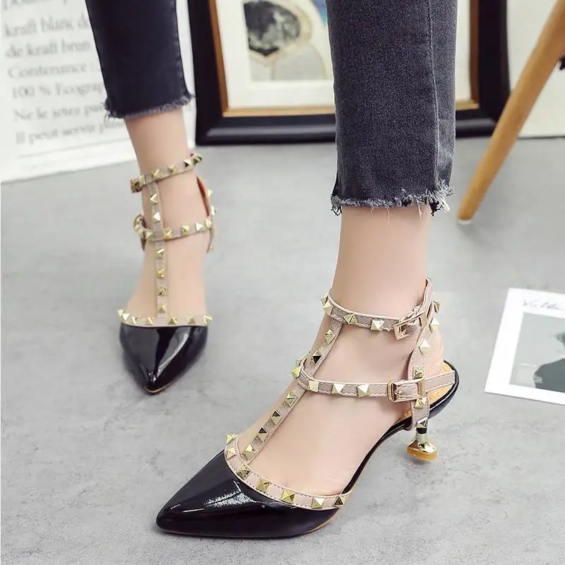 IMKKG/Женская обувь; Новинка года; chaussure femme zapatos mujer; туфли с заклепками на ремешках; женские туфли-лодочки; женская обувь на высоком каблуке; S507 - Цвет: Черный