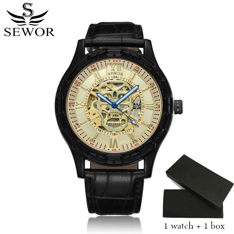 Часы SEWOR мужские механические автоматические с кожаным ремешком Роскошные