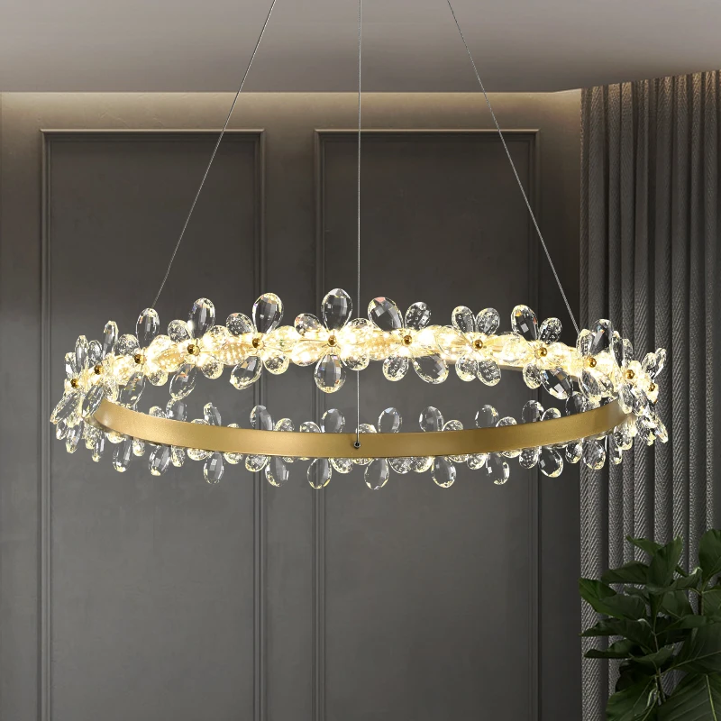 

Modern Light Luxury Crystal Flower LED Chandelier Nordic Round Living Room Restaurant Bedroom Study Simple Hanging Lamp Lighting