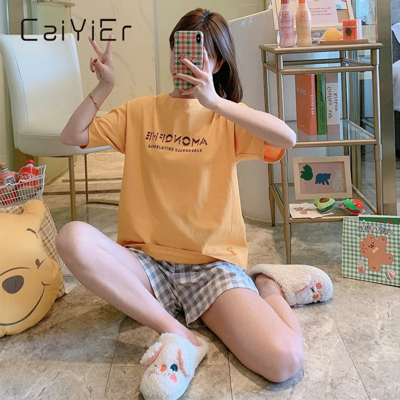 

CAIYIER Summer Girl Casual Pajamas Alphabet Print Short Sleeve Checked Shorts Nighty Round-Neck Polyester Sweet Girl Sleepwear