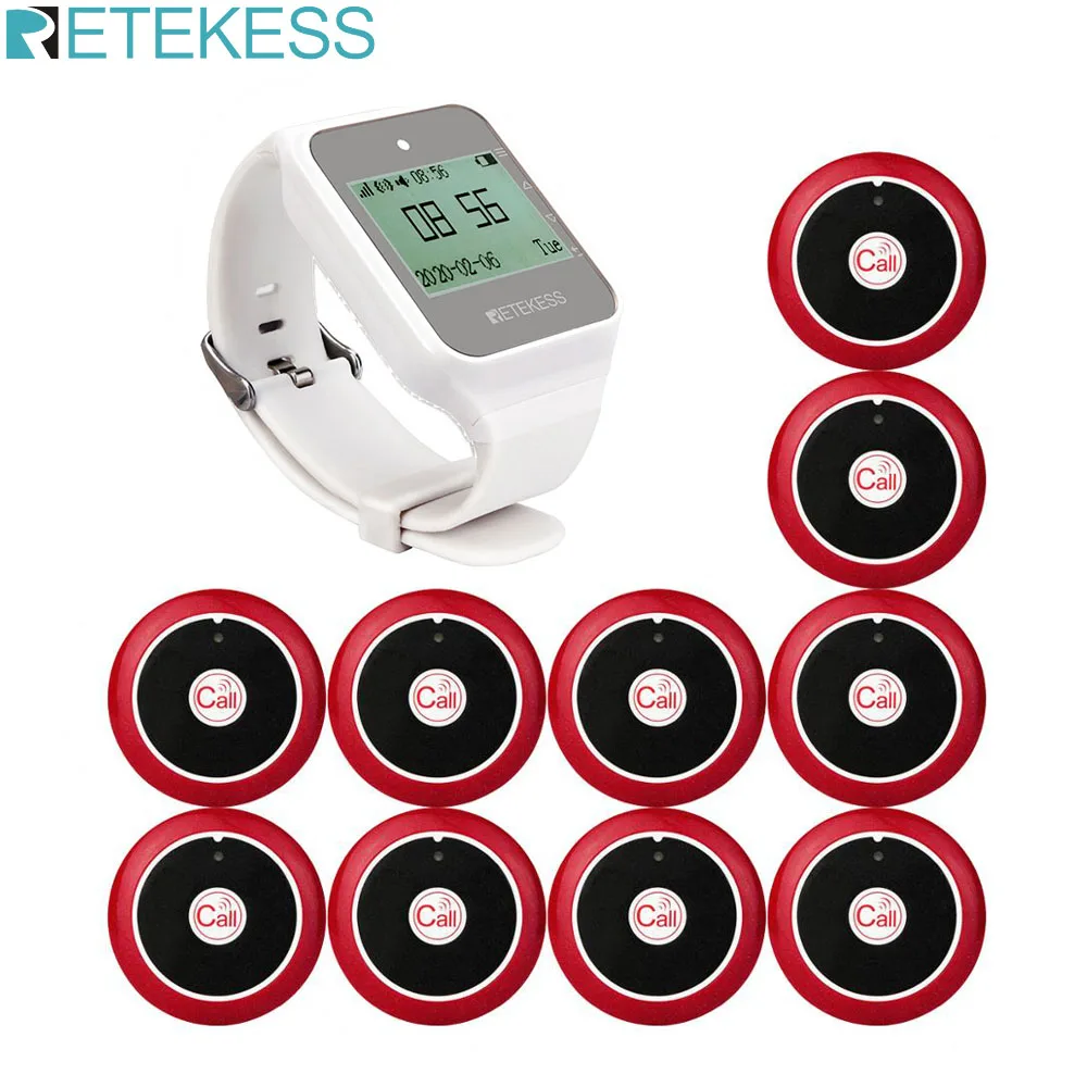 Retekess Wireless Pager Restaurant Waiter Calling System TD108 Watch Receiver+10 T117 Call Button Transmitter Cafe Office Clinic
