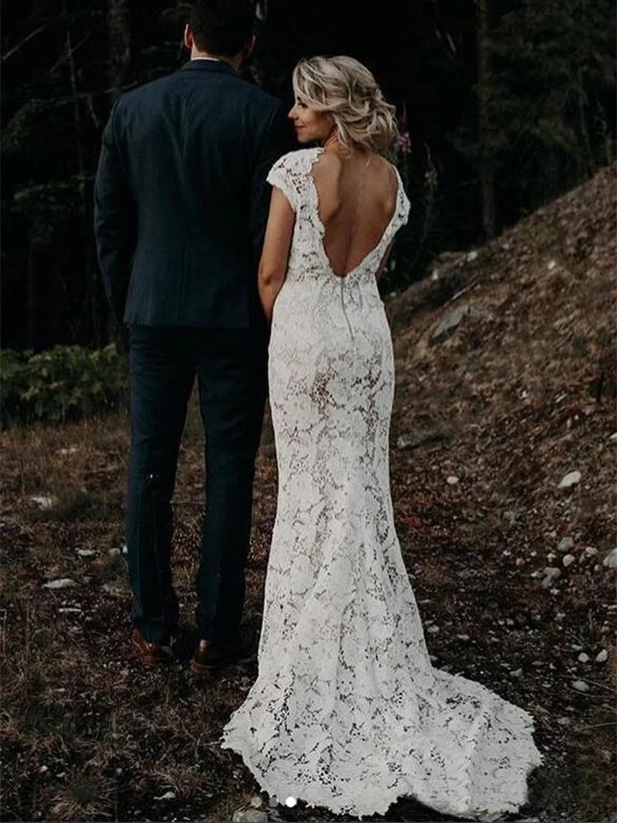 

Dressv Wedding Dress 2021 Lace Perspective Backless Hourglass Cap Sleeves Court Trumpet V Neck Elegant Sexy Customized Dresses