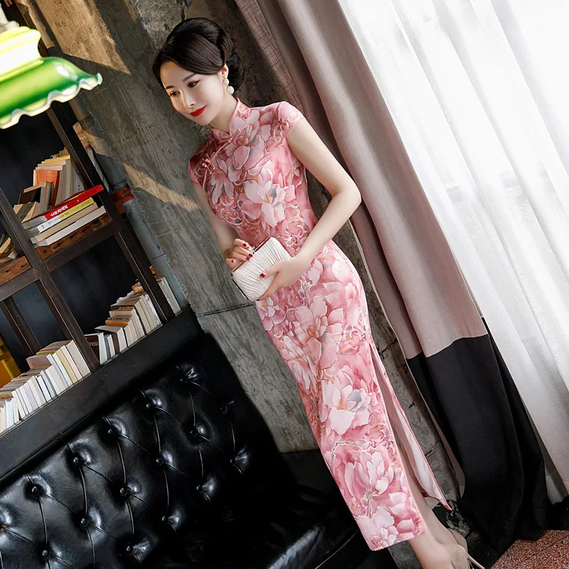 

Elegant Women Cheongsam Traditional Chinese Dress Women Floral Printed Silk Qipao Long Sleeve Oriental Vintage Clothing 4XL