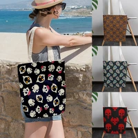 fashion skull grocery storage shopping bag ladies large capacity foldable eco friendly canvas home hanging shoulder casual bag