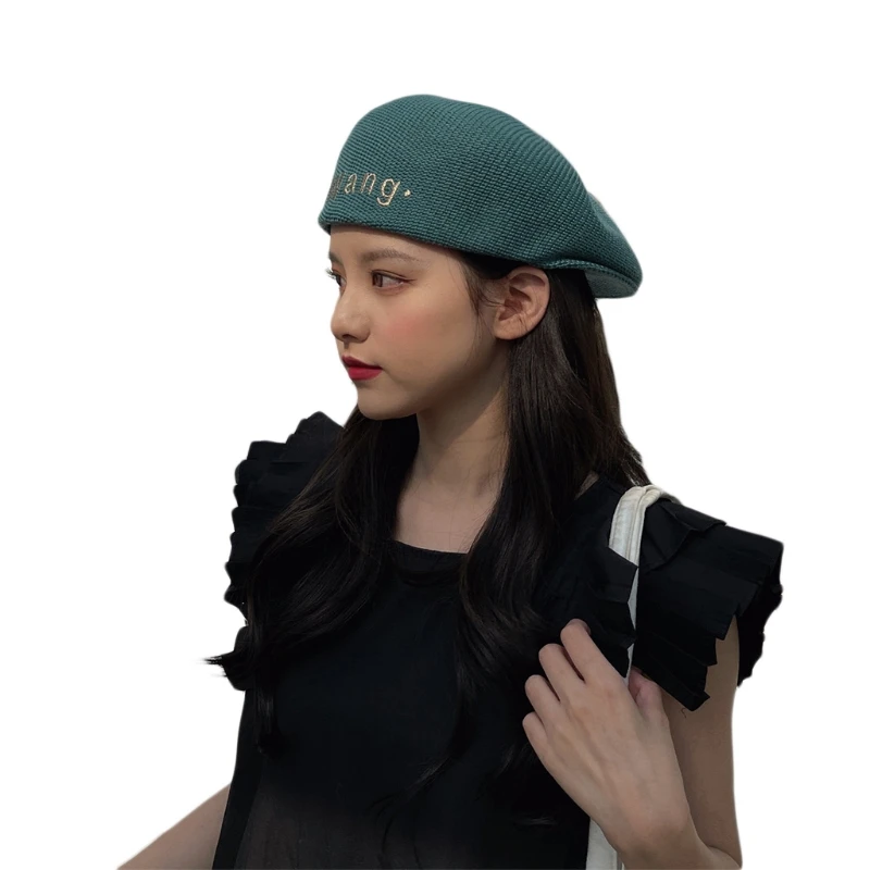 

Women Spring Vintage Beret Flat Cap Letters Embroidery Solid Color Outdoor Sunscreen Visor Newsboy Duckbill Peaked Hat