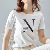 womens springsummer top t shirt street fashion 26 english flower letter pattern series o neck ladies t shirt short sleeve