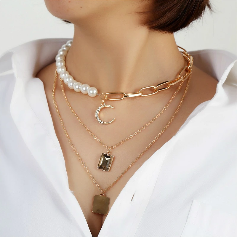 

Simulated Pearl Choker Female Vintage Geometric Crystal Pendant Necklace Long Chain Multilayered Necklaces Jewelry For Women