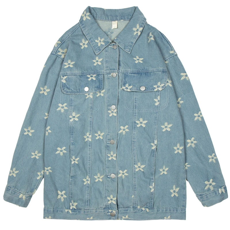 

New Spring Jacket Men Women Vintage Washed Coat Loose Single Breasted Straight Jacket Fashion Star Embroidery Streetwear Cotton