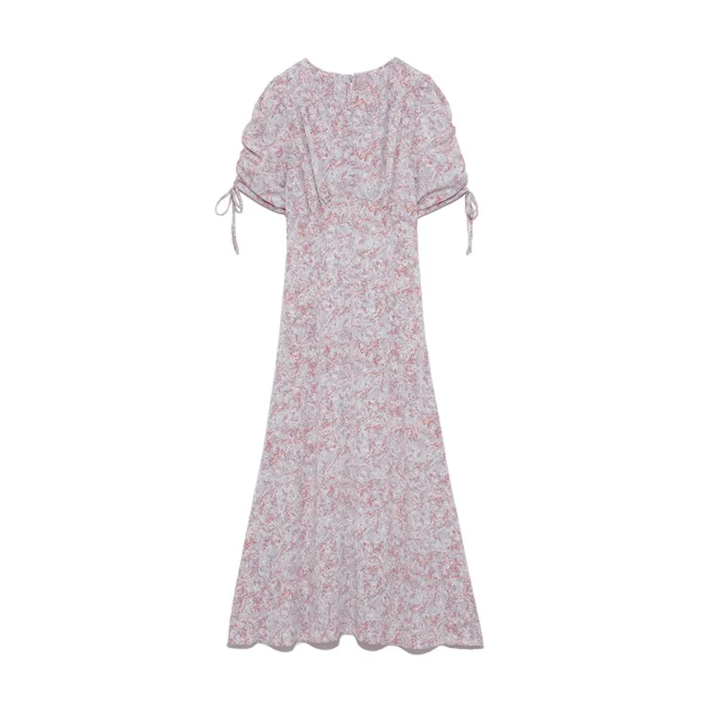 

V Neck Slim Waist Print Trumpet Dress 2021 Spring Summer Japan Style Women Dresses Sweet Puff Short Sleeve Vestidos