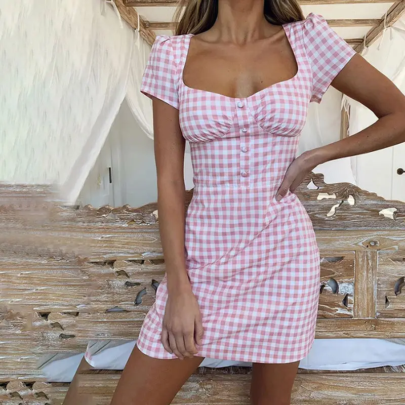 French court Retro Square Collar Plaid short-sleeved dress chic sexy halter waist slim a-line tide | Женская одежда