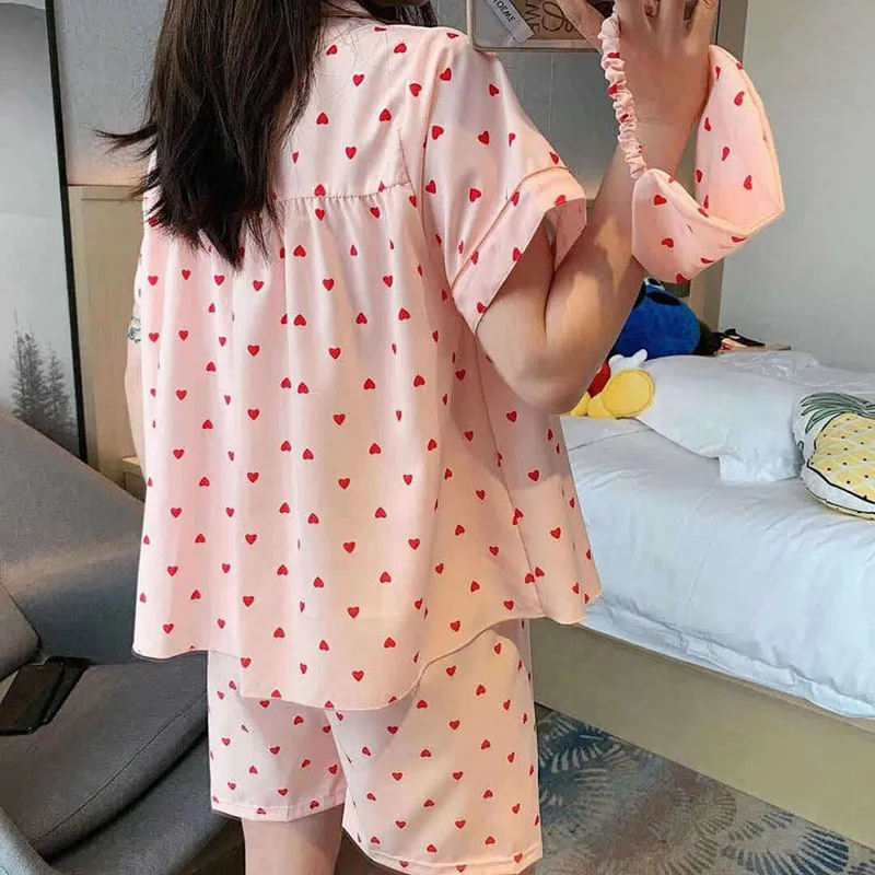 

New Women Pajamas Suit Korean Style Lapel Short Sleeves Prints Home Wear Loose Casual Top Shorts Sleepwear Set Blindfold Gift