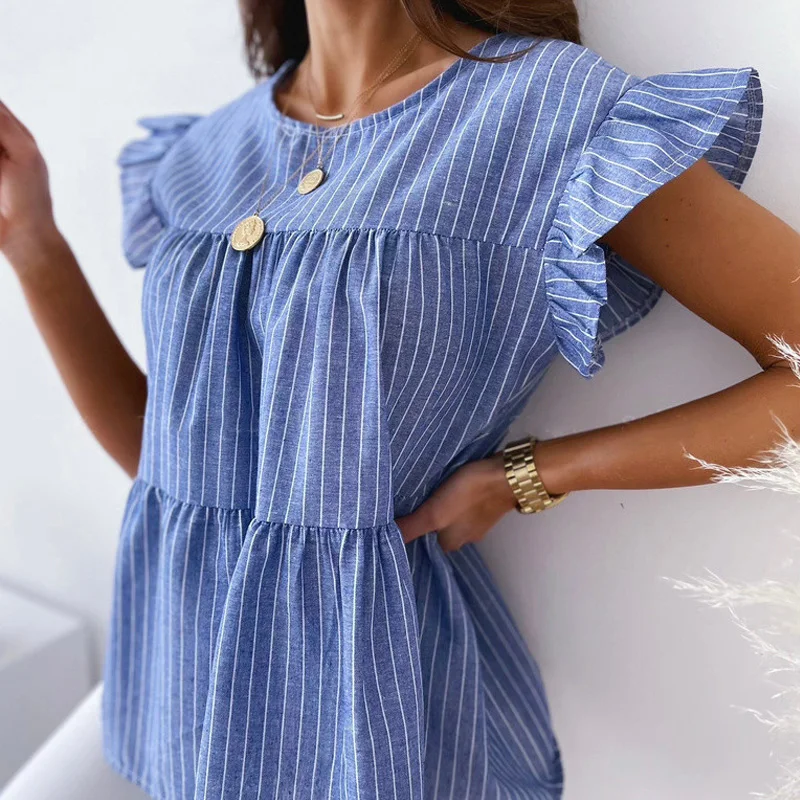 

2021 Summer Casual Polka Dot Shirt Blouse Women Loose O Neck Tops Pullover Elegant Flying Sleeve Ruffle Shirts Blusa Streetwear