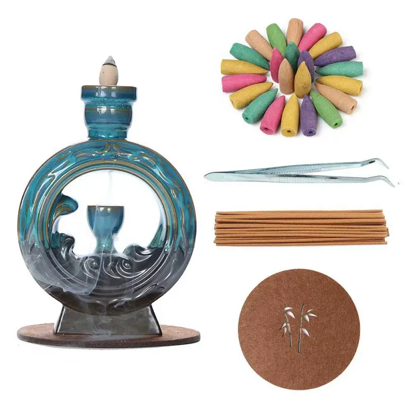 

120 Pcs Cones Smoke Waterfall Backflow Incense Burner Zen American Style Incense Sticks Holder Home Decoration Porcelain Censer