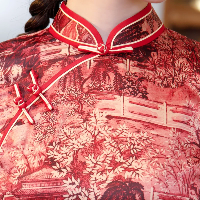 

Burgundy Novelty Print Flower Women Cheongsam Sexy High Split Half Sleeve Wedding Party Gown Elegant Mandarin Collar Qipao