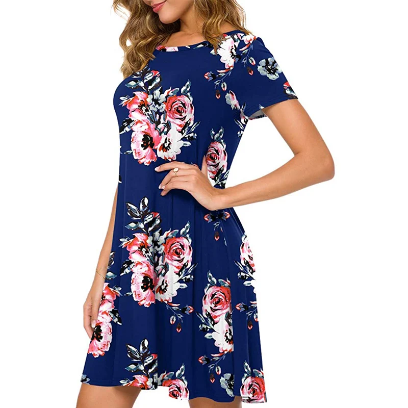 

Sweet Women's Summer Dress Flower Printed Dress Women Elegant Dress for Holiday Short Sleeve Dresses Women Casual