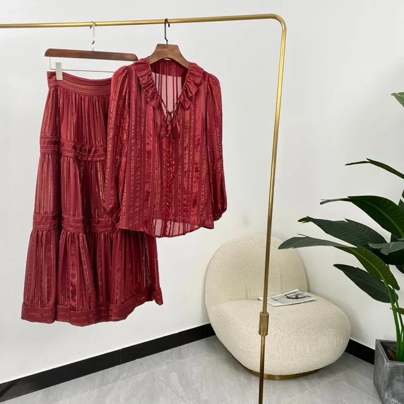 

High Quality Silk Autumn Women Fashion Solid Metallic Fabric Striped Patchwork Long Sleeve Blouse Mid-calf Skirts Suit
