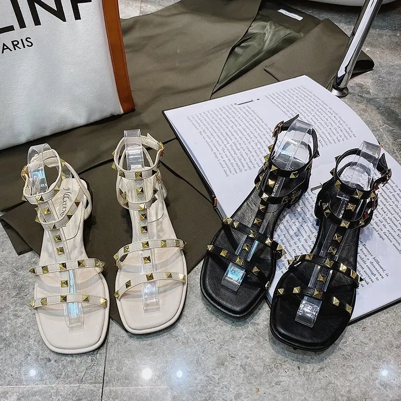 

2021 Sandals Women Willow Studs Low Heel Women's Shoes Summer New Style Square Toe Outdoor Fashion Shoes Women Open Toe Shoes