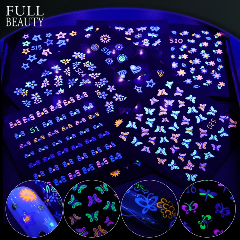 

24pcs Fluorescence Colorful Butterfly 3D Stickers for Nails Acrylic Design DIY Flower Slider Adhesive Decal Glow in Dark CHS1-24