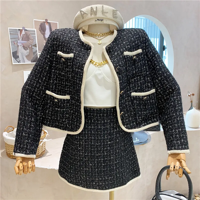 

Нишевый дизайн, новая женская одежда, осень 2021, Дизайнерский Модный костюм, твидовый короткий пиджак контрастных цветов + юбка, комплект из д...