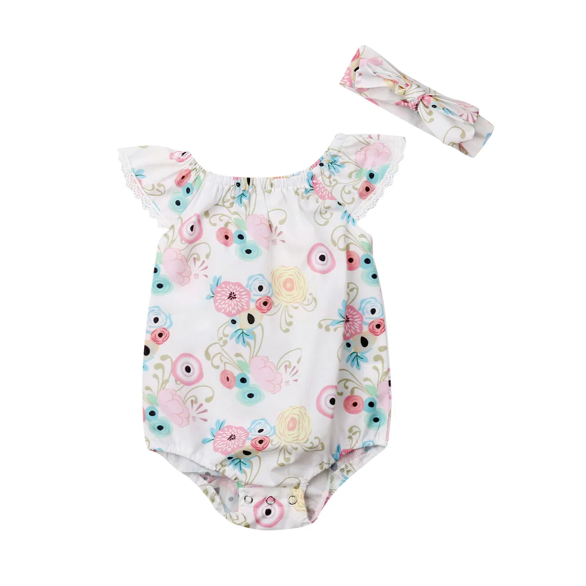 New Summer Newborn Baby Girls Cotton Floral Print White Bodysuit Babies Girl Jumpsuit Outfits Sun suit Clothes Headband 2Pcs | Мать и