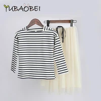 girls set 2021 spring children clothing teens kids clothes striped full sleeved t shirt long tulle skirts 2 pcs sets age 4 14
