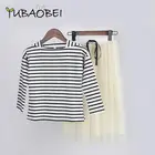 Комплект для девочек 2021, Весенняя детская одежда, одежда для подростков, футболка с длинными рукавами в полоску + длинная Тюлевая юбка, комплект из 2 предметов