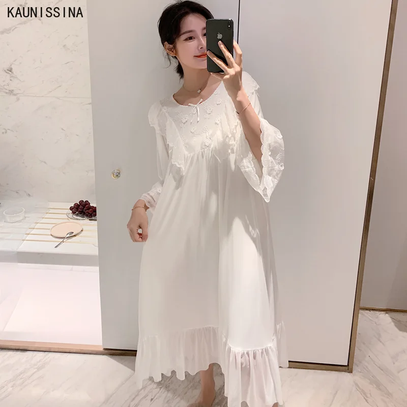 

New Women Lace Nightgown Vintage Modal Cotton Breathable Long Pleated Loose Spring Autumn Nightdress Sleepwear Female Homewear