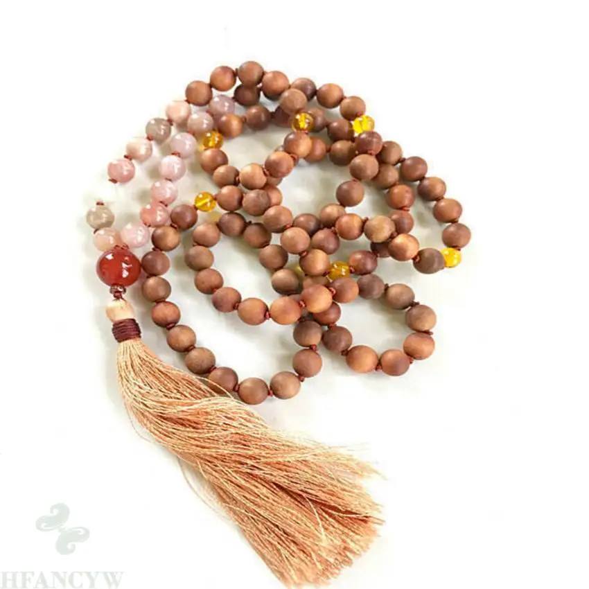 

8mm sandalwood Rhodonite Gemstone 108 Beads Mala necklace energy Handmade Reiki Veins natural spirituality Healing Bless MONK