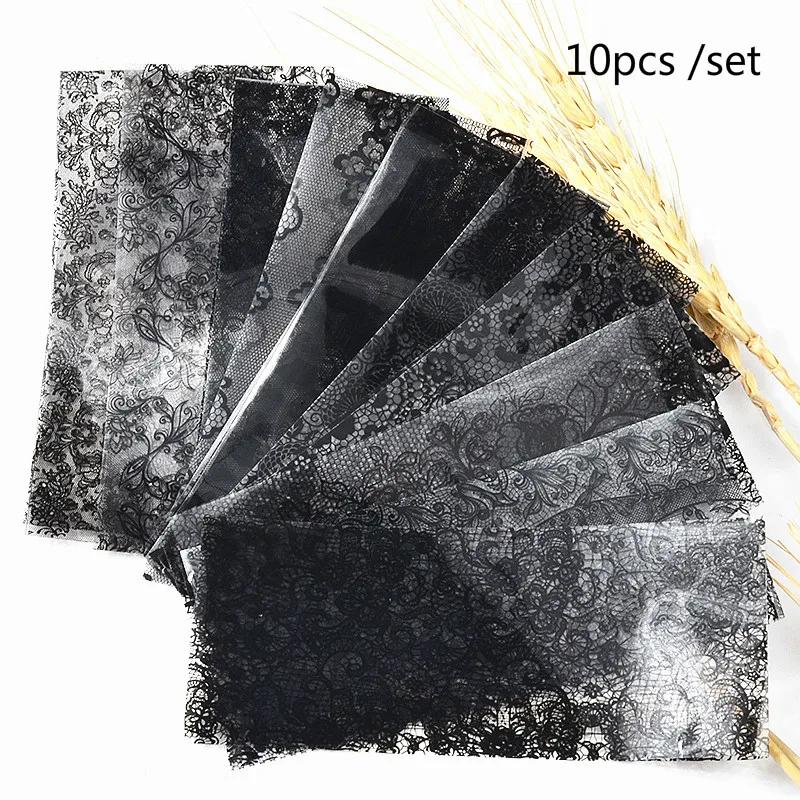 10pcs 1 set 10/1 шт черные кружевные передачи Фольга нейл-арта пикантные парадный вечерний костюм косметические обертки инструменты 20x4 см с цветочным дизайном клей для маникюра для укладки волос - Цвет: 10pcs 1 set
