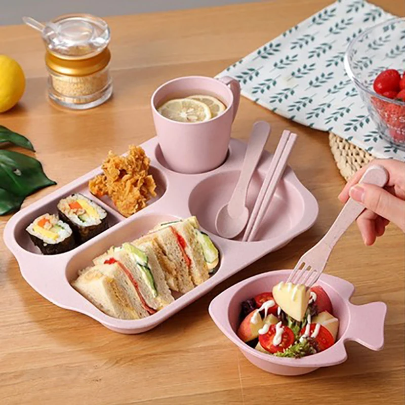 ONEUP Wheat Straw Children's Dinner Plate Bowl Cup Set Lunch Divider Cartoon Baby Anti-fall Tableware | Дом и сад