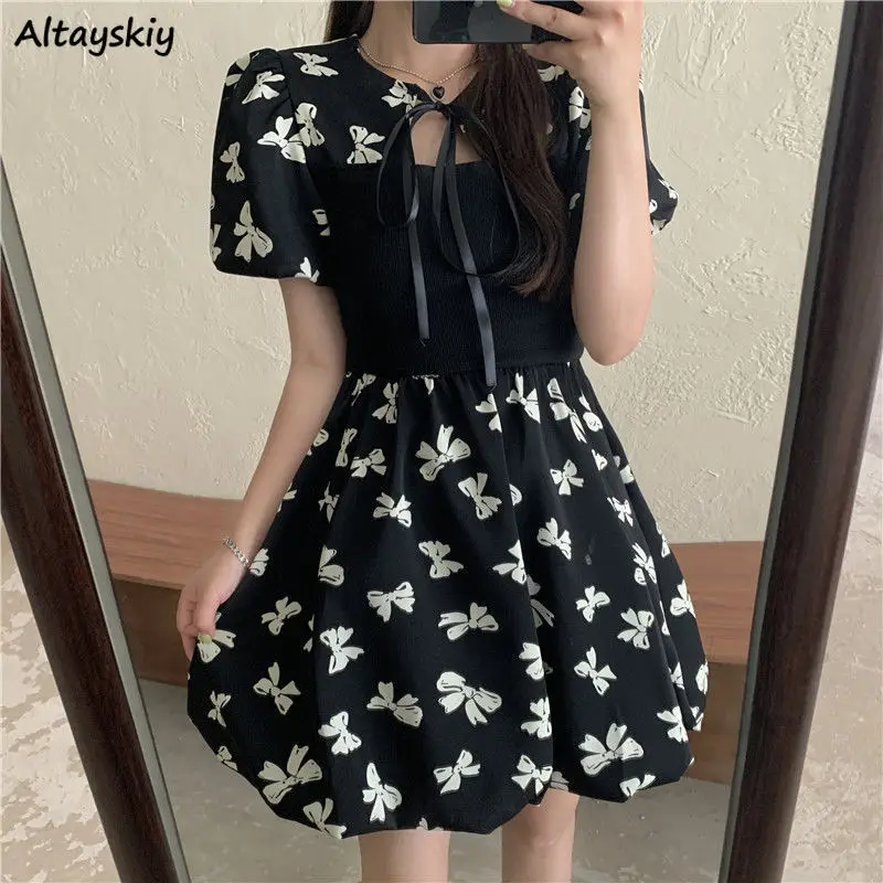 

Bow Print Short Sleeve Dress Women Design Elegant Retro Vestidos Defined Waist French Style A-line Puff-sleeve Mujer Fashion Ins