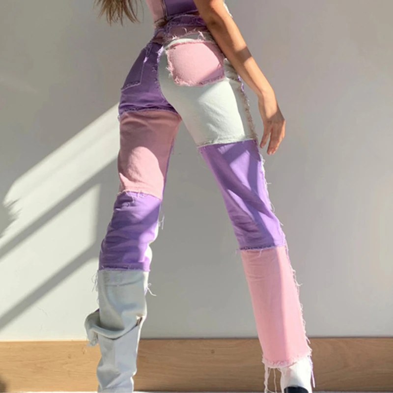 

Woman Patchwork Skinny Straight Leg Jeans Mid Waist Denim Trousers Sexy Color Block Vintage Streetwear Pants Fashion Clothing