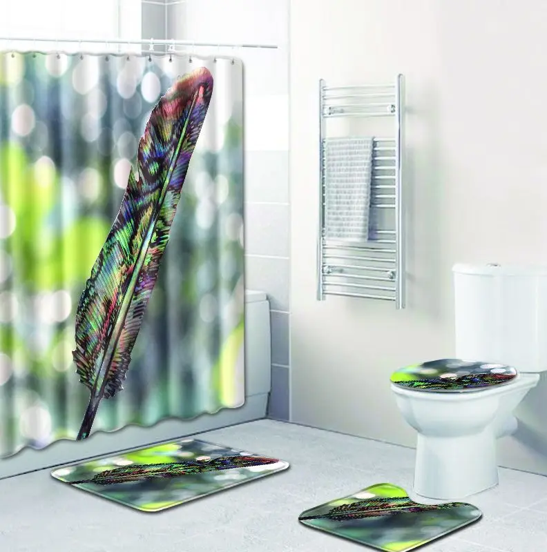 

Feather shower curtain floor mat combination 4-piece suit toilet toilet carpet shower room mat mat bathroom rug set