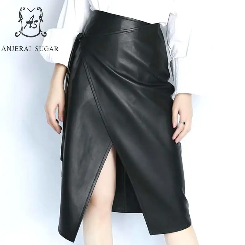 Женские осенние юбки из натуральной кожи черные асимметричные с высокой талией и