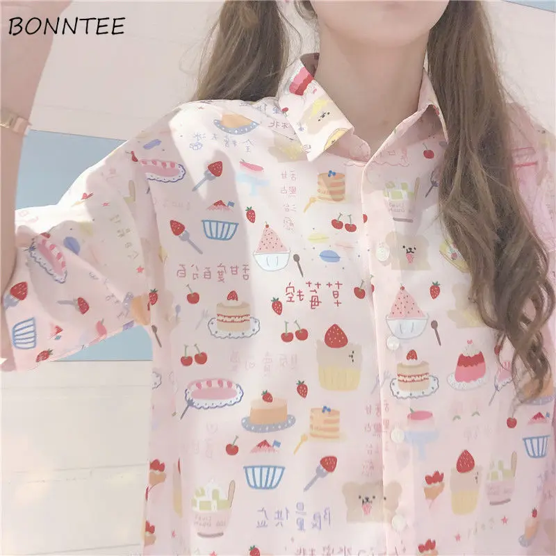 Shirts Women Short Sleeve Print Lovely Loose Korean Style Summer Fashion Feminino Blouses Prevalent Sweet Turn-down Collar Chic